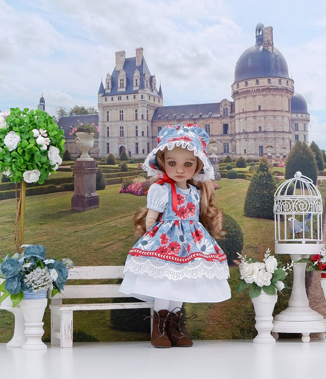Wedgewood Thistles - dress & pinafore with boots for Ruby Red Fashion Friends doll
