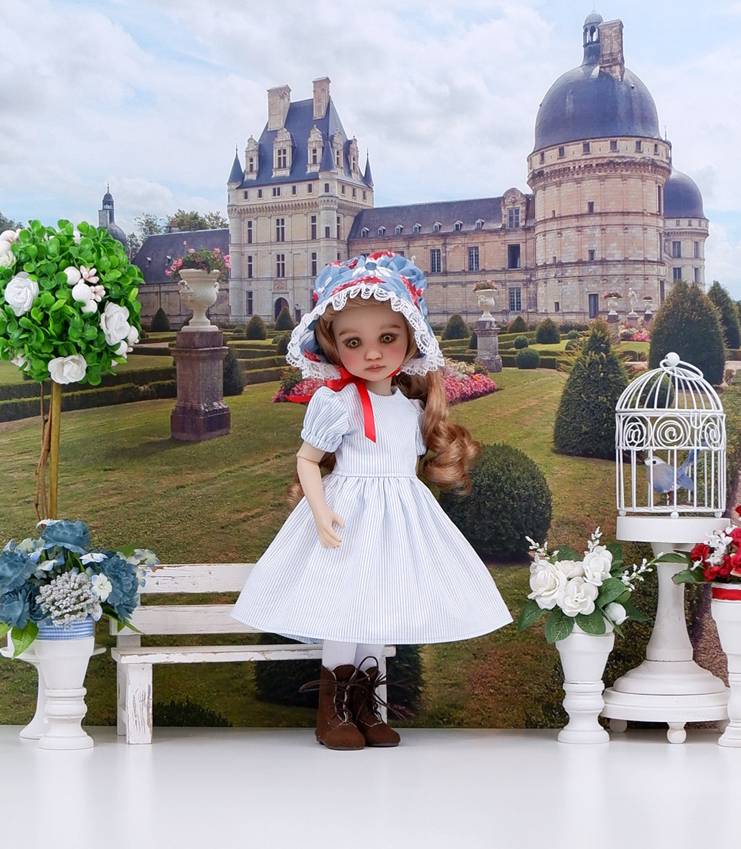 Wedgewood Thistles - dress & pinafore with boots for Ruby Red Fashion Friends doll