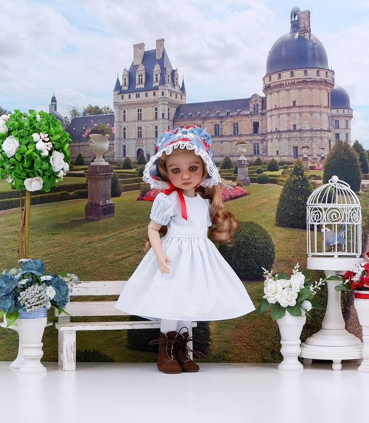 Wedgewood Thistles - dress & pinafore with boots for Ruby Red Fashion Friends doll