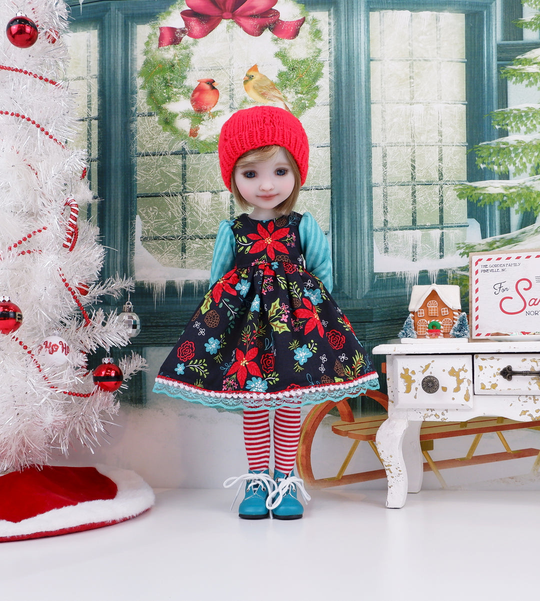 Whoville Poinsettia - dress ensemble with boots for Ruby Red Fashion Friends doll