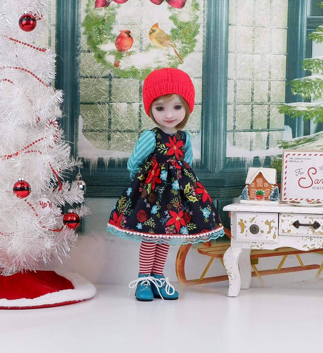 Whoville Poinsettia - dress ensemble with boots for Ruby Red Fashion Friends doll