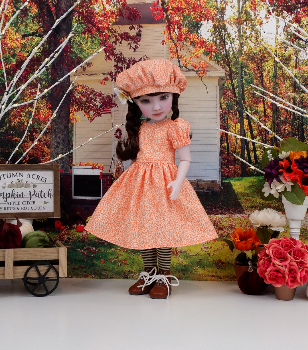 Woodland Flowers - dress & pinafore with hat and boots for Ruby Red Fashion Friends doll