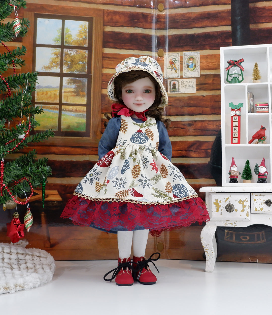 Woodland Ornaments - dress &amp; pinafore with boots for Ruby Red Fashion Friends doll