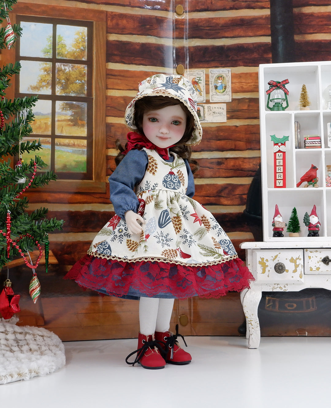 Woodland Ornaments - dress &amp; pinafore with boots for Ruby Red Fashion Friends doll