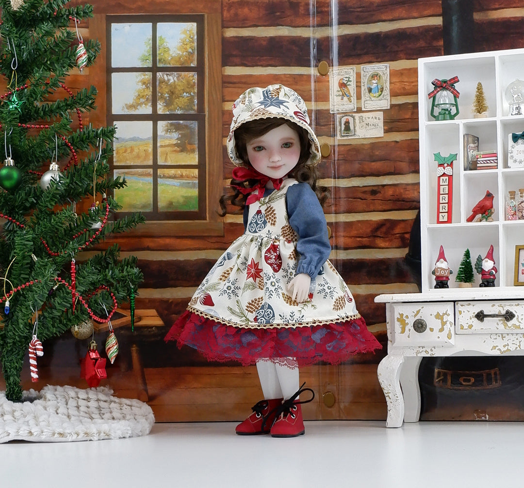 Woodland Ornaments - dress &amp; pinafore with boots for Ruby Red Fashion Friends doll