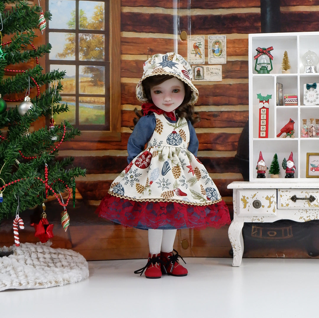 Woodland Ornaments - dress &amp; pinafore with boots for Ruby Red Fashion Friends doll