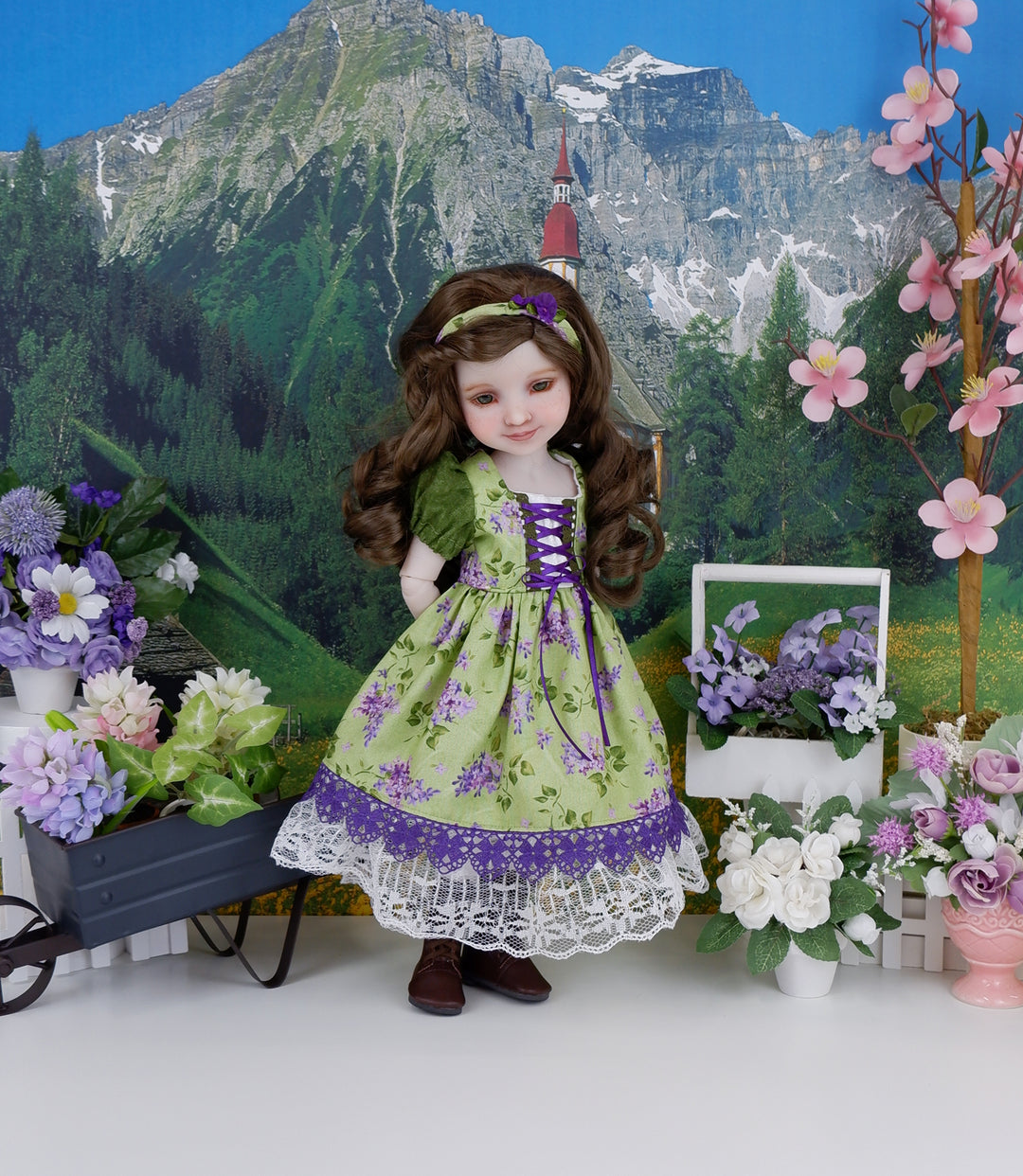 Alpine Lavender - dirndl dress ensemble with boots for Ruby Red Fashion Friends doll