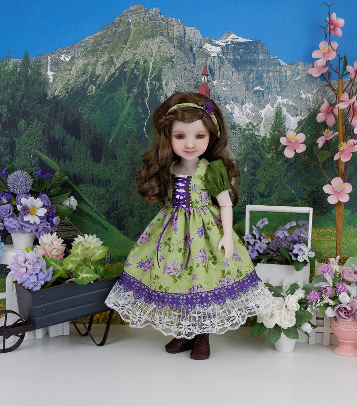 Alpine Lavender - dirndl dress ensemble with boots for Ruby Red Fashion Friends doll