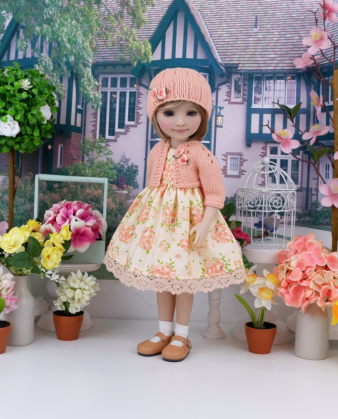 Apricot Floral - dress and sweater set with shoes for Ruby Red Fashion Friends doll