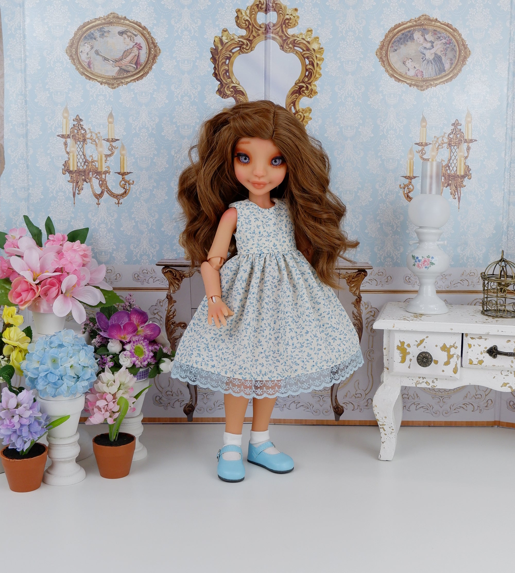 Bitty Blue Vines - dress with shoes for Ava BJD – Cottontail Doll Designs