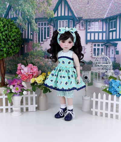 Blue Spring Rose - romper and apron with boots for Ruby Red Fashion Friends doll