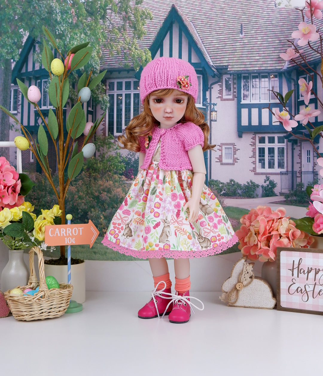 Bright Bunny Garden - dress and sweater set with boots for Ruby Red Fashion Friends doll
