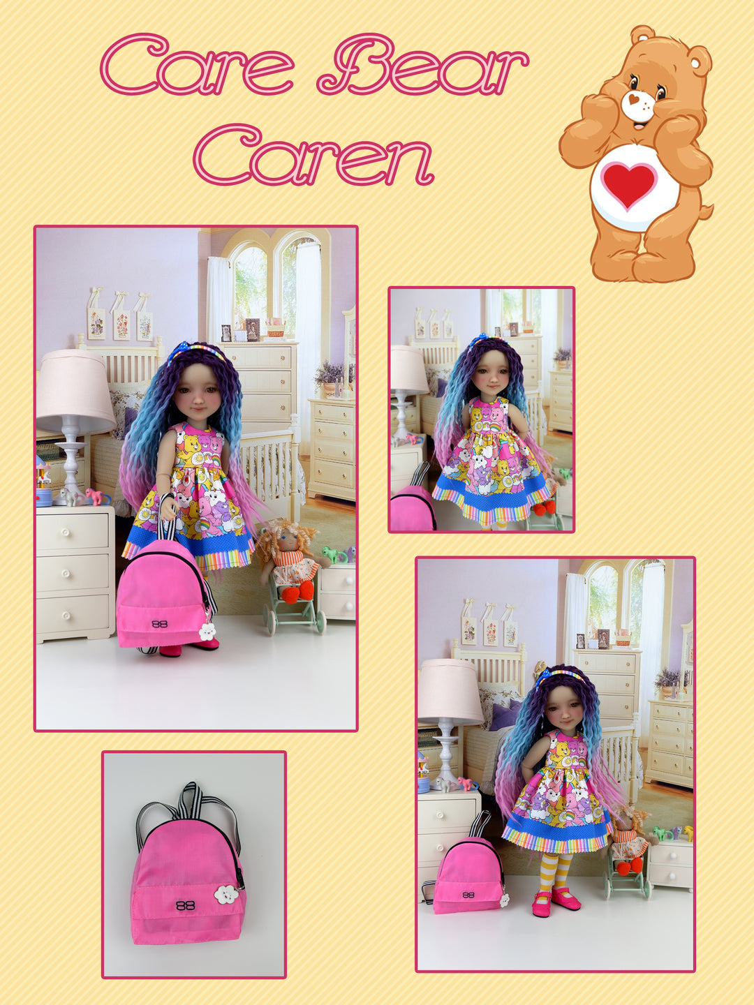 Caren - custom Care Bear themed Ruby Red Fashion Friend doll & wardrobe