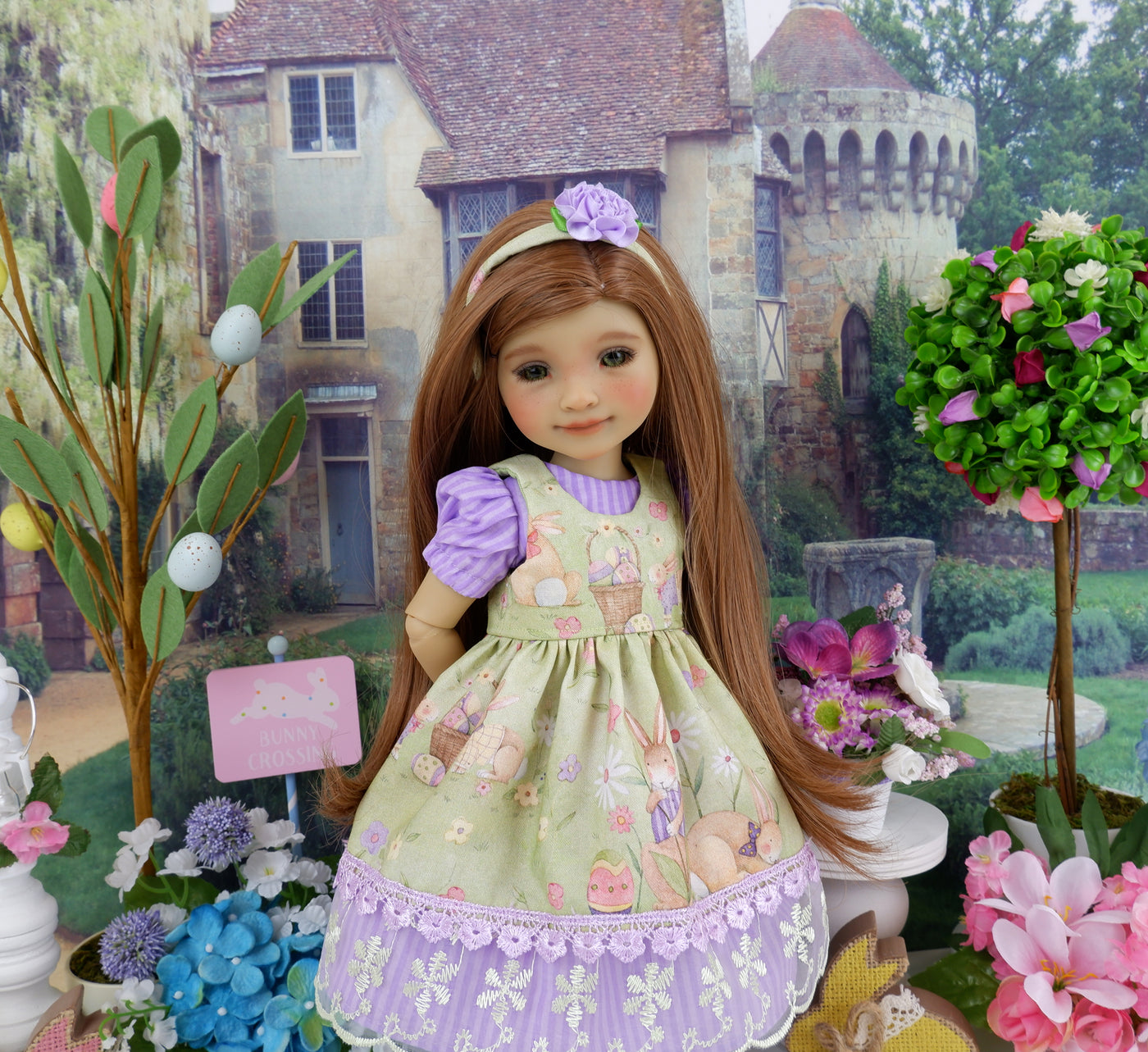 Easter Fields - dress & pinafore with shoes for Ruby Red Fashion Friends doll