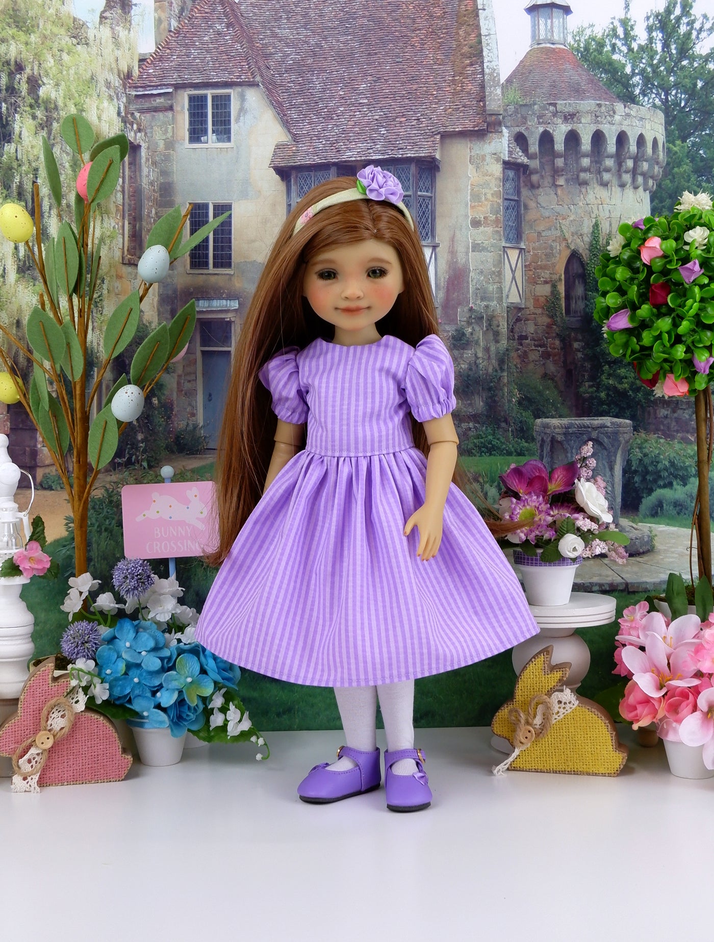 Easter Fields - dress & pinafore with shoes for Ruby Red Fashion Friends doll