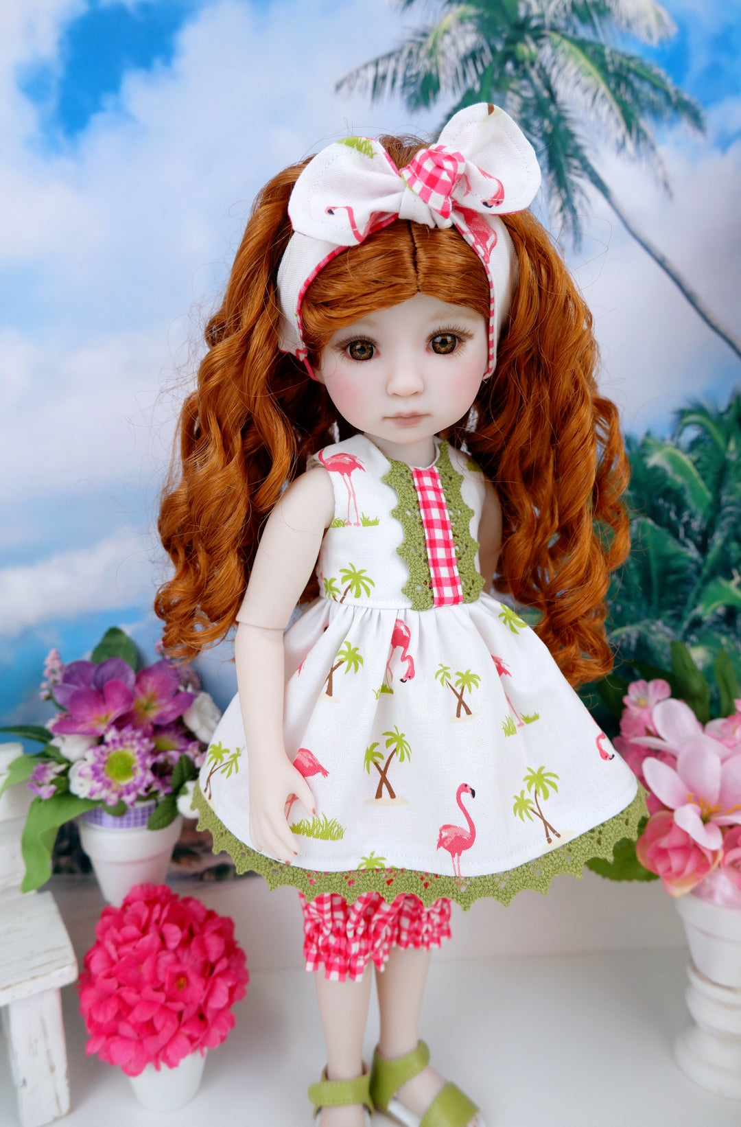 Flamingo Tropics - top & bloomers with sandals for Ruby Red Fashion Friends doll