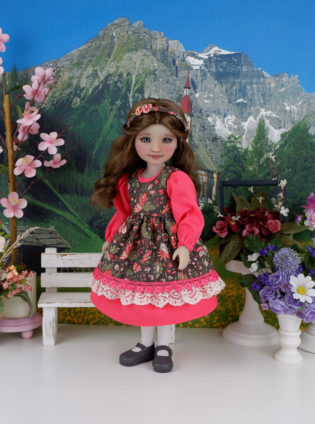 Flowering Brambles - dress & pinafore with shoes for Ruby Red Fashion Friends doll