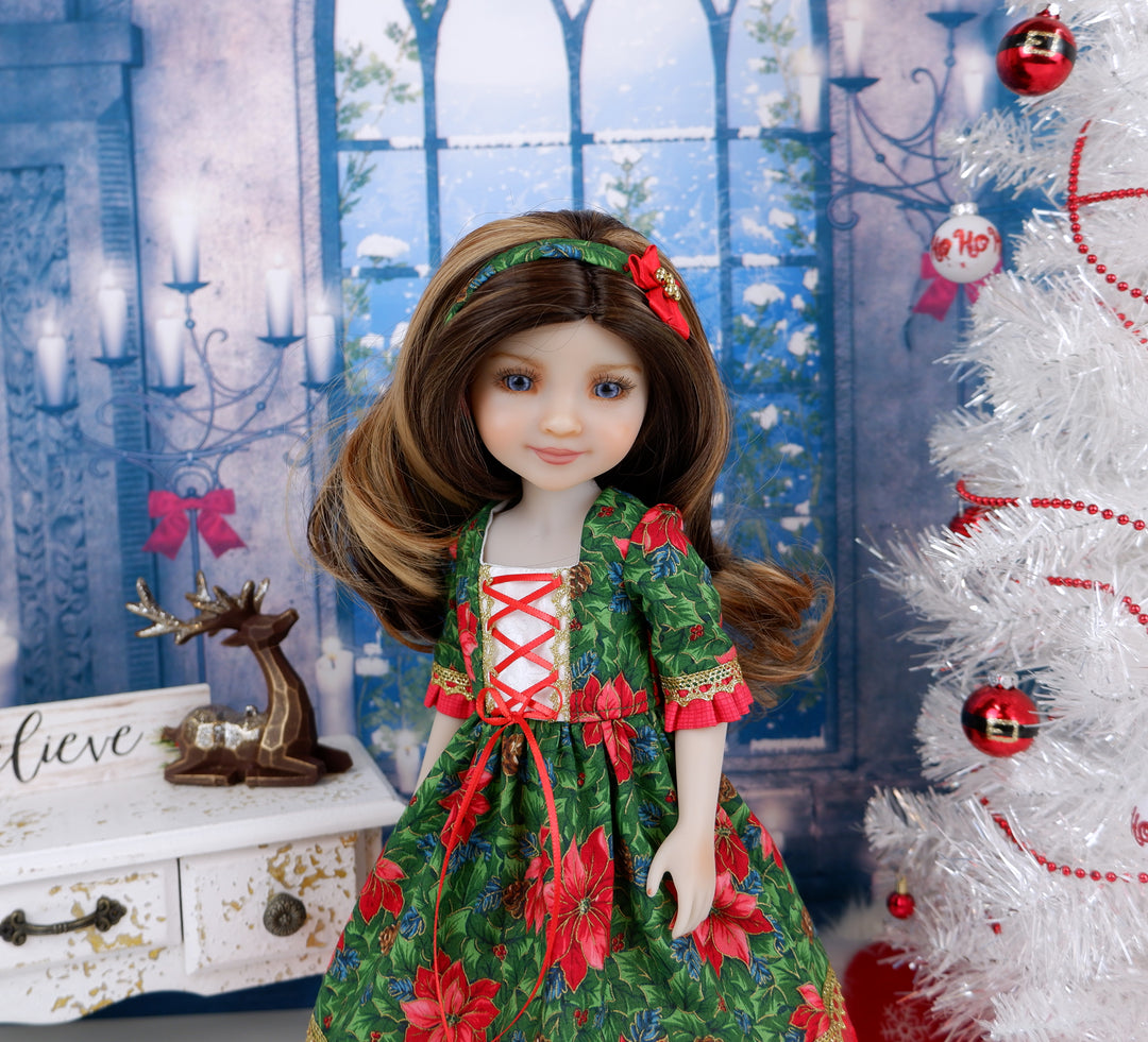 Forest Poinsettias - dirndl dress ensemble with shoes for Ruby Red Fashion Friends doll