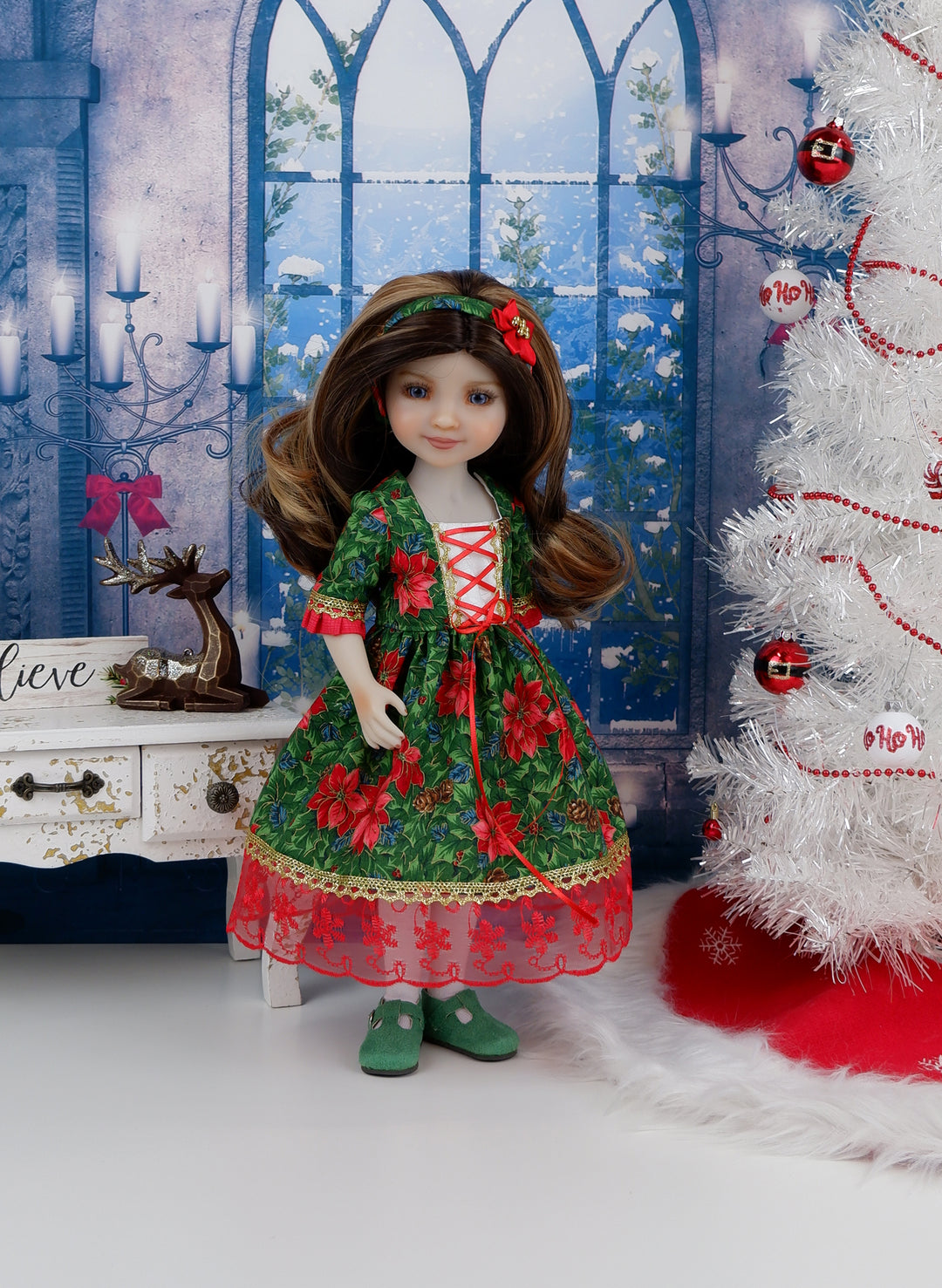 Forest Poinsettias - dirndl dress ensemble with shoes for Ruby Red Fashion Friends doll