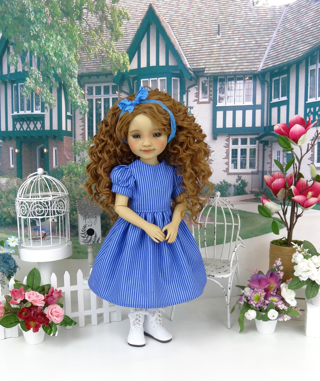 Garden in Blue - dress & pinafore with boots for Ruby Red Fashion Friends doll