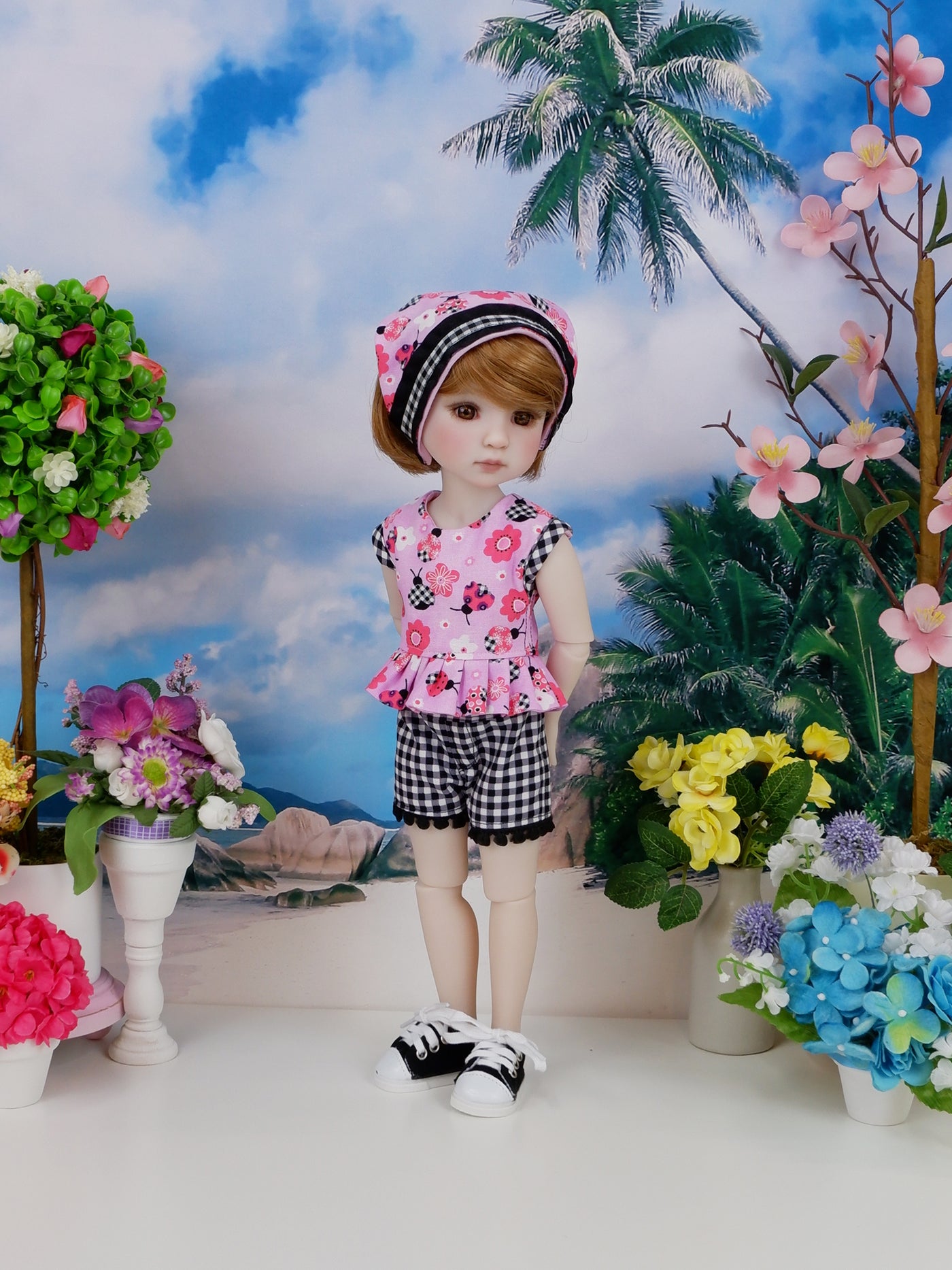 Gingham Ladybug - top & shorts with shoes for Ruby Red Fashion Friends doll
