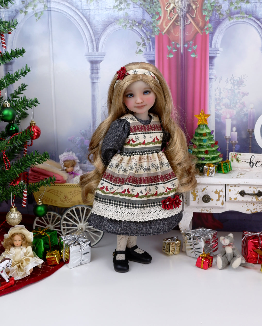Holiday Cardinals - dress & pinafore with shoes for Ruby Red Fashion Friends doll