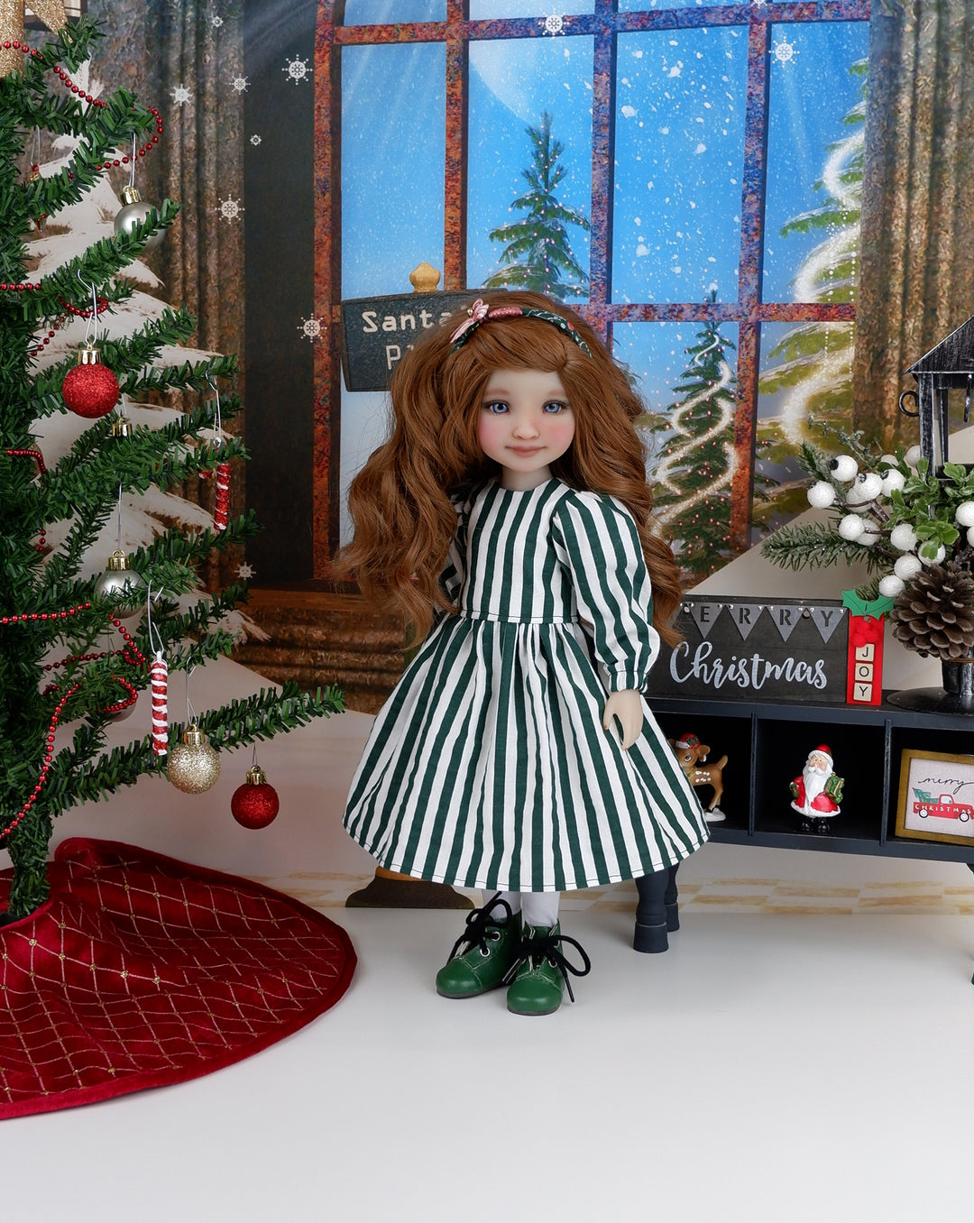 Holiday Poinsettia - dress & pinafore with boots for Ruby Red Fashion Friends doll