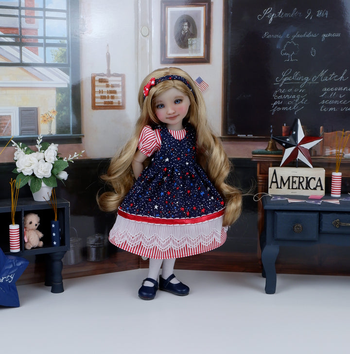Land of Liberty - dress & pinafore with shoes for Ruby Red Fashion Friends doll