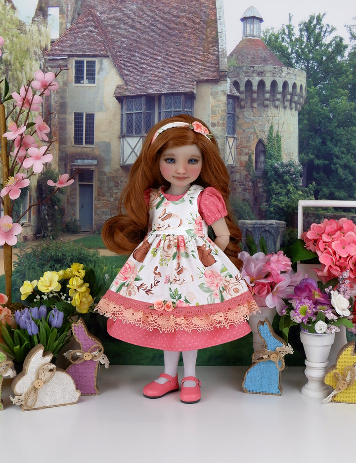 Lil' Brown Bunny - dress & pinafore with shoes for Ruby Red Fashion Friends doll