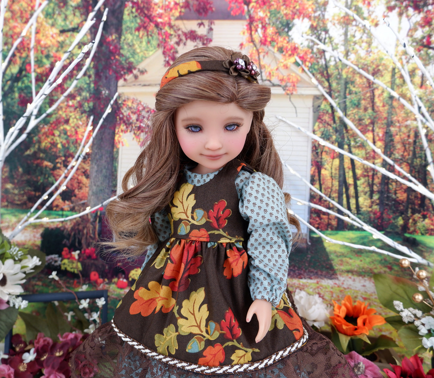 Oaks of Fall - dress & pinafore with shoes for Ruby Red Fashion Friends doll