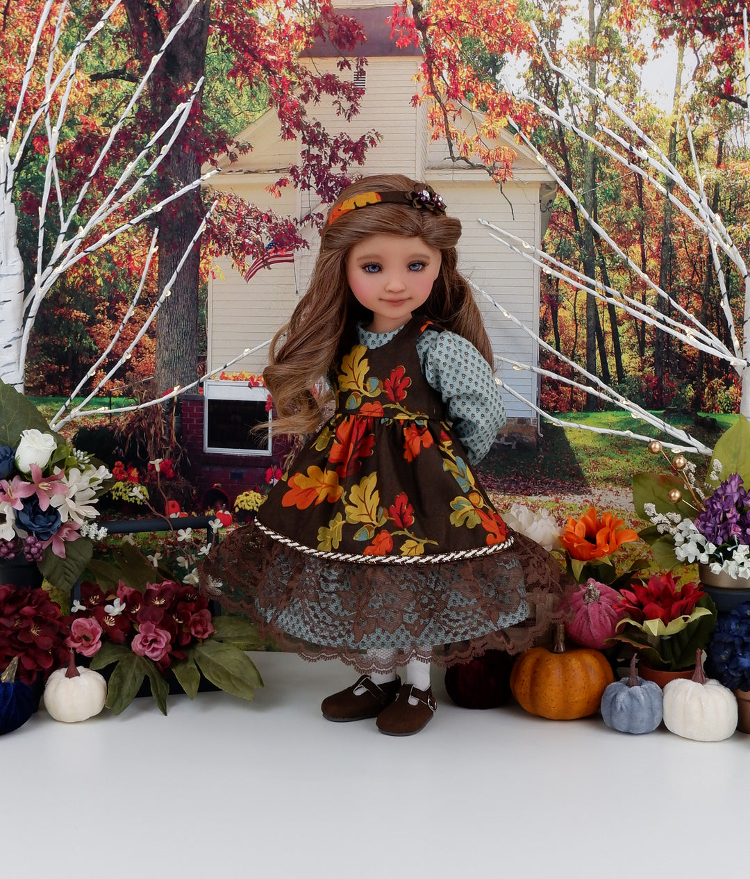 Oaks of Fall - dress & pinafore with shoes for Ruby Red Fashion Friends doll