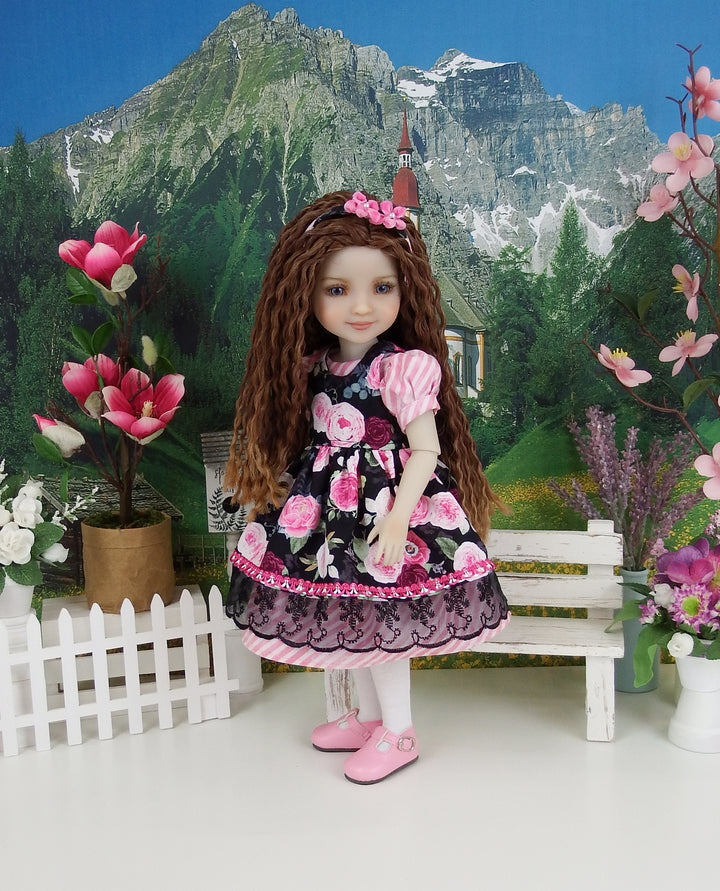 Old Garden Rose - dress & pinafore with shoes for Ruby Red Fashion Friends doll