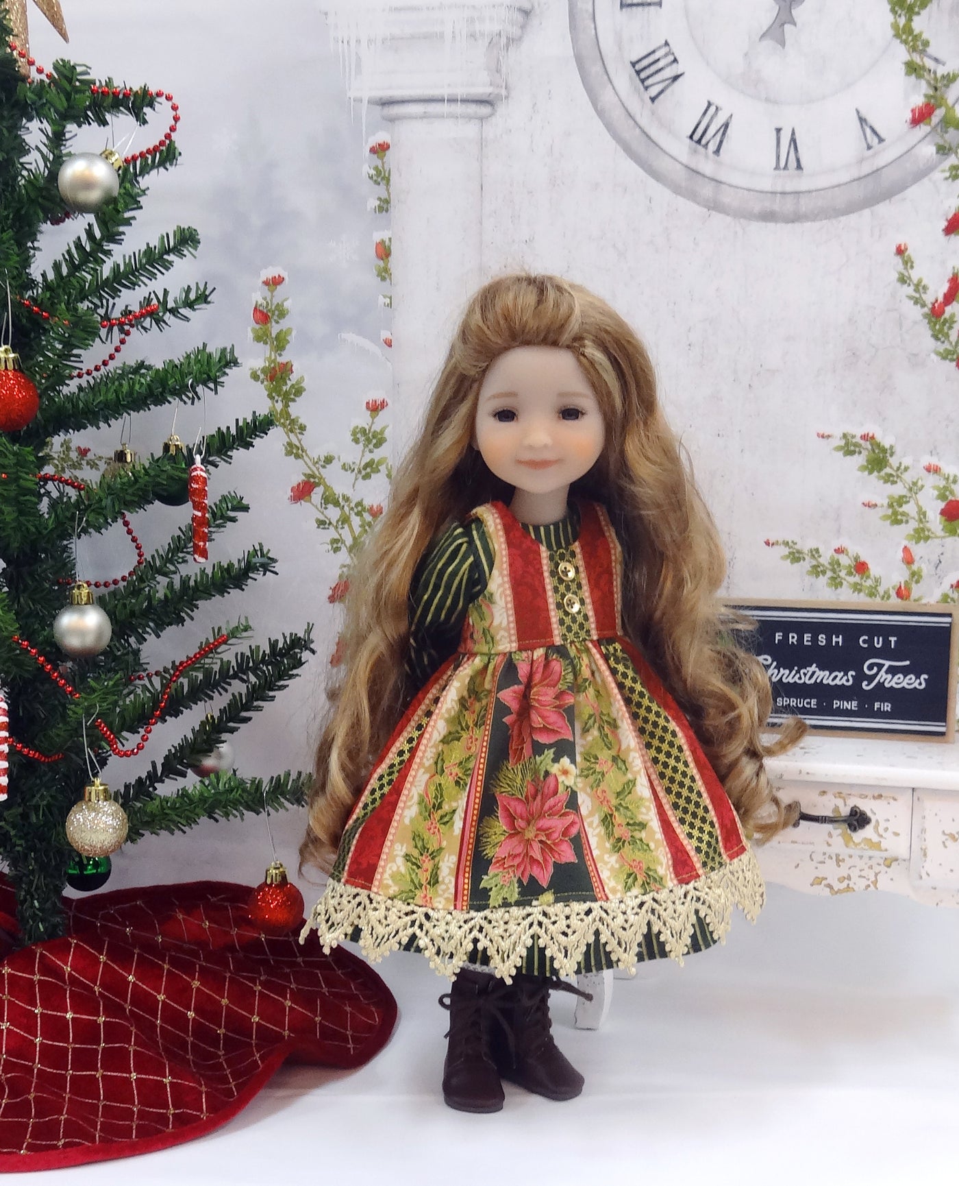 Poinsettia Beauty - dress & pinafore with boots for Ruby Red Fashion Friends doll