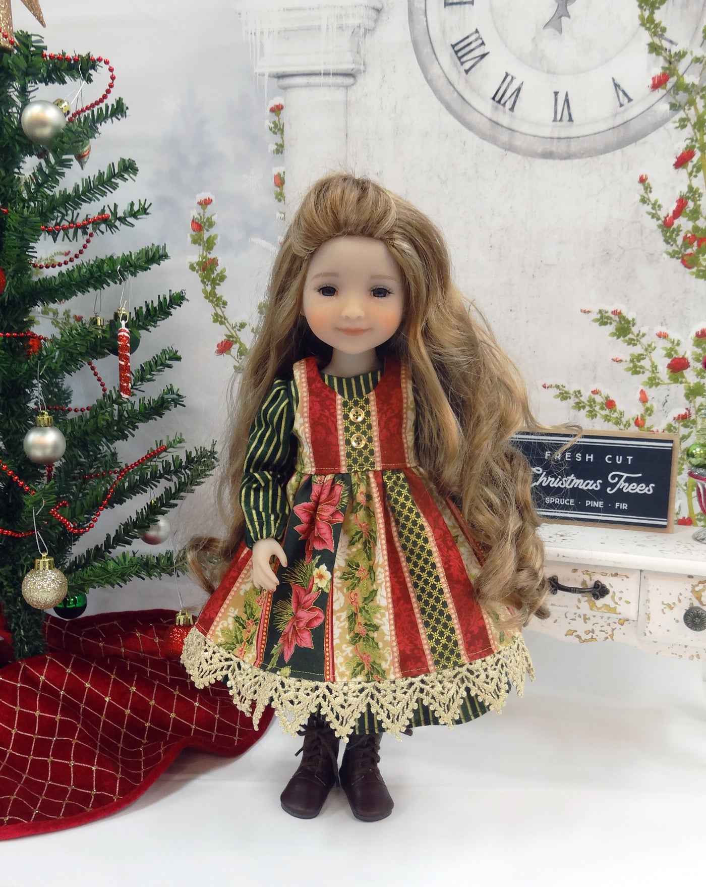Poinsettia Beauty - dress & pinafore with boots for Ruby Red Fashion Friends doll