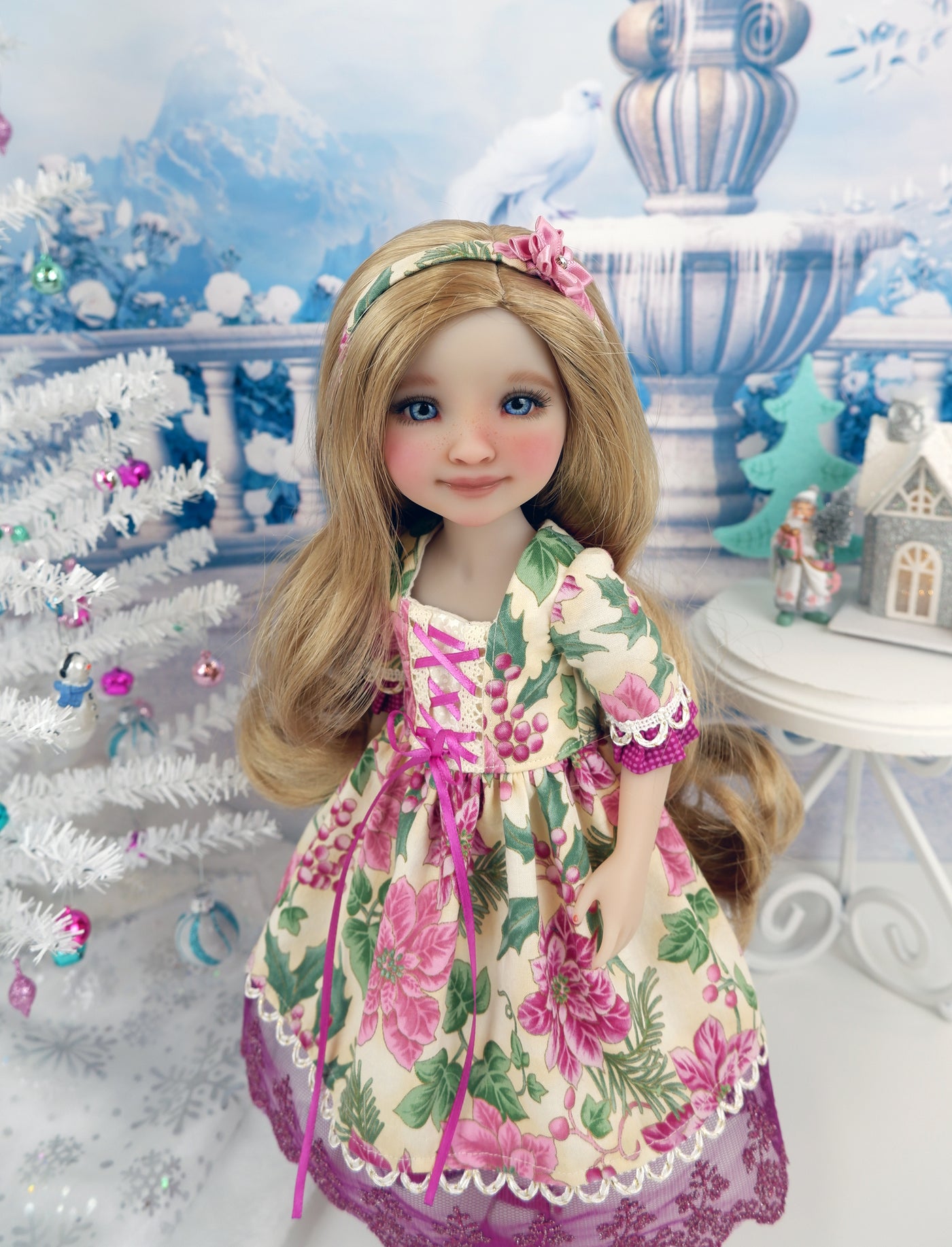 Poinsettia Elegance - dirndl dress ensemble with shoes for Ruby Red Fashion Friends doll
