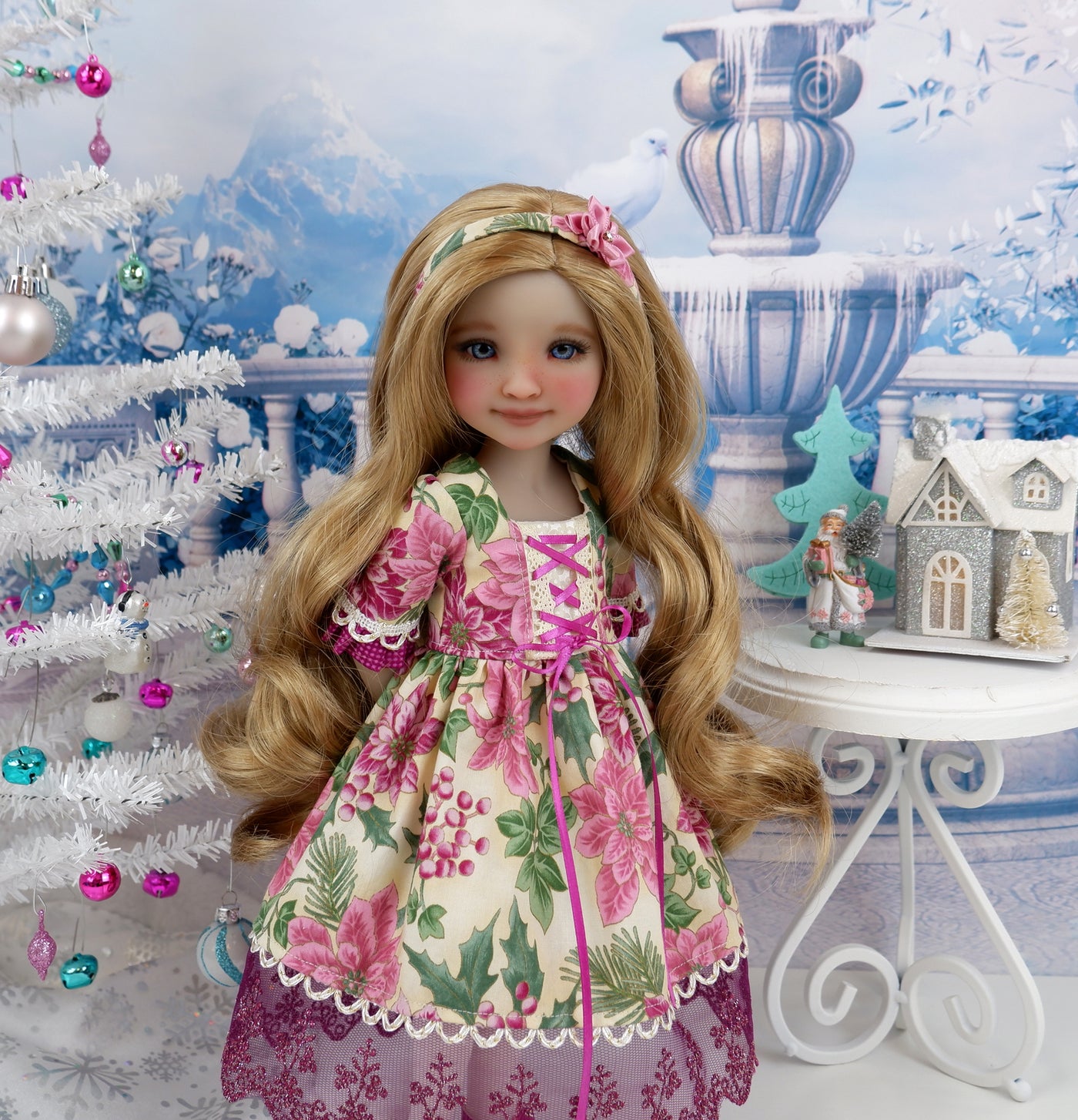 Poinsettia Elegance - dirndl dress ensemble with shoes for Ruby Red Fashion Friends doll