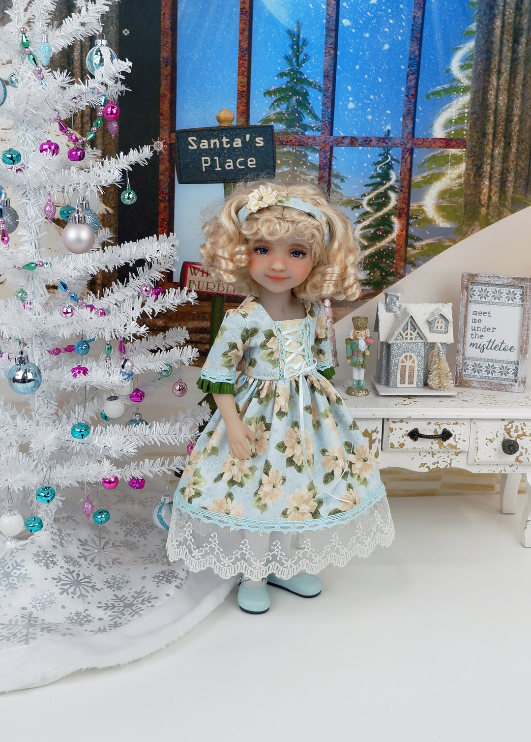 Poinsettias on Ice - dirndl dress ensemble with shoes for Ruby Red Fashion Friends doll