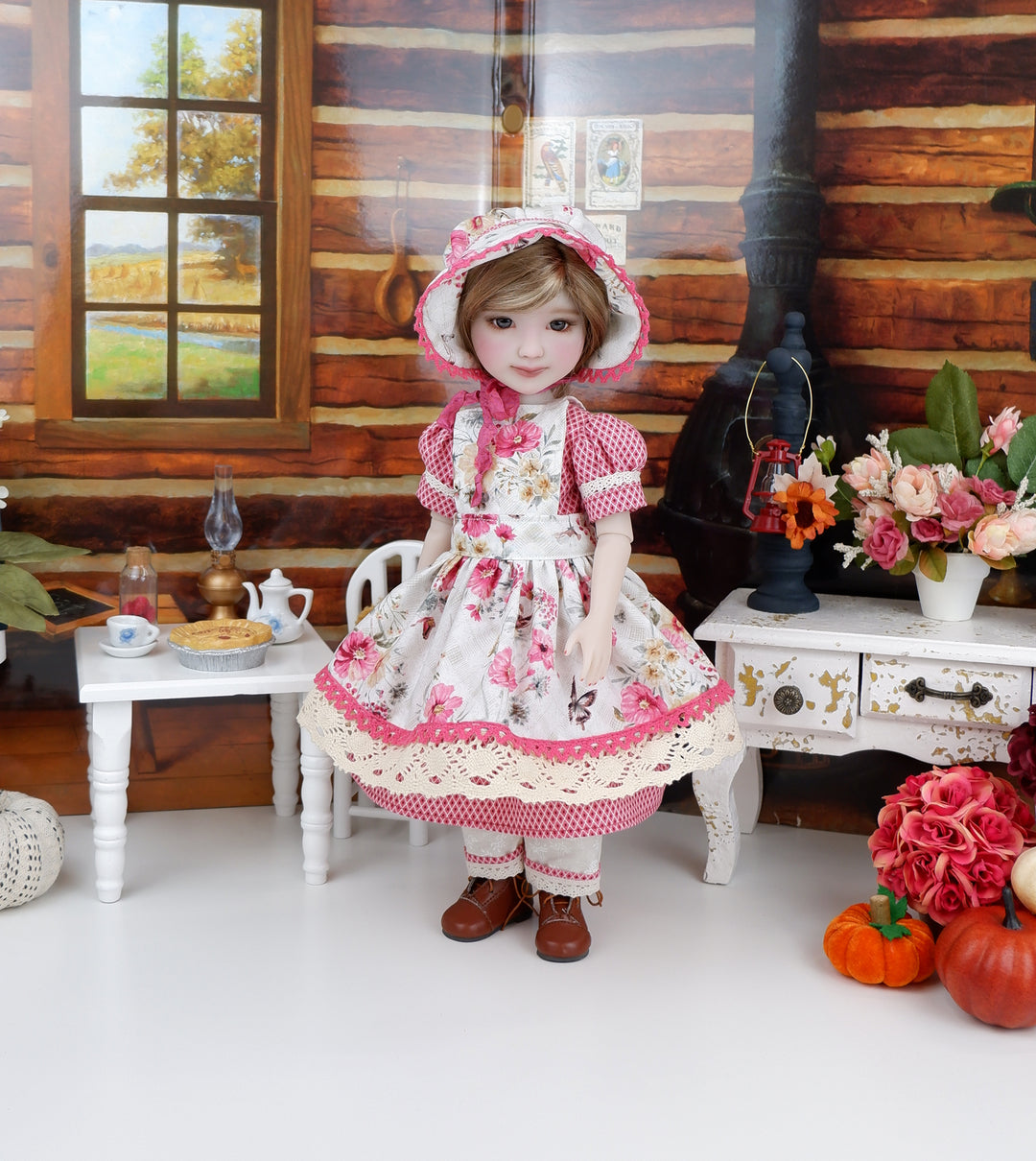 Prairie Peony - dress, bonnet & apron with boots for Ruby Red Fashion Friends doll