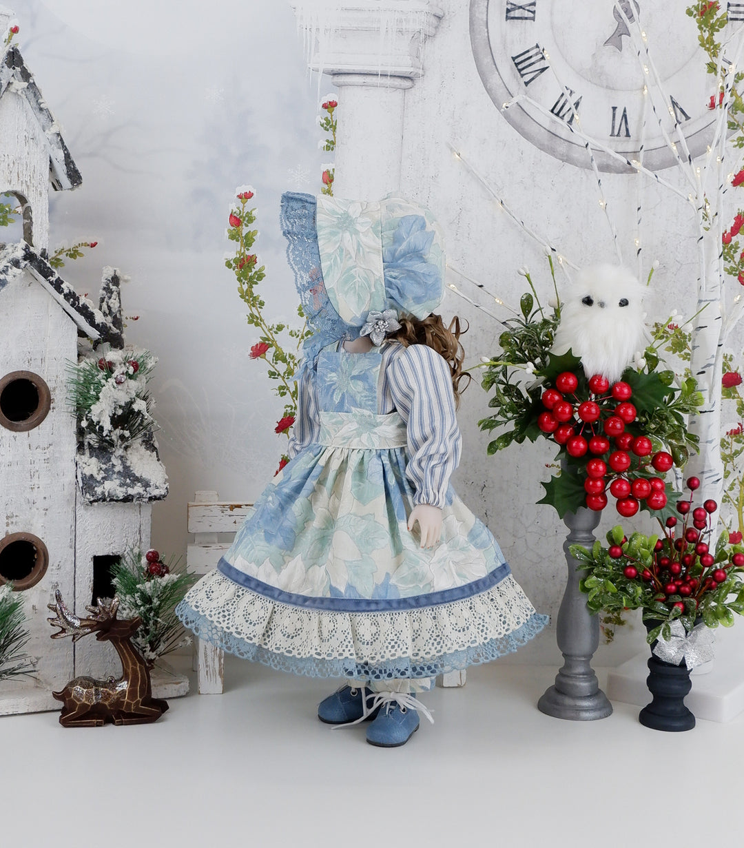 Prairie Poinsettia - dress, bonnet & apron with boots for Ruby Red Fashion Friends doll