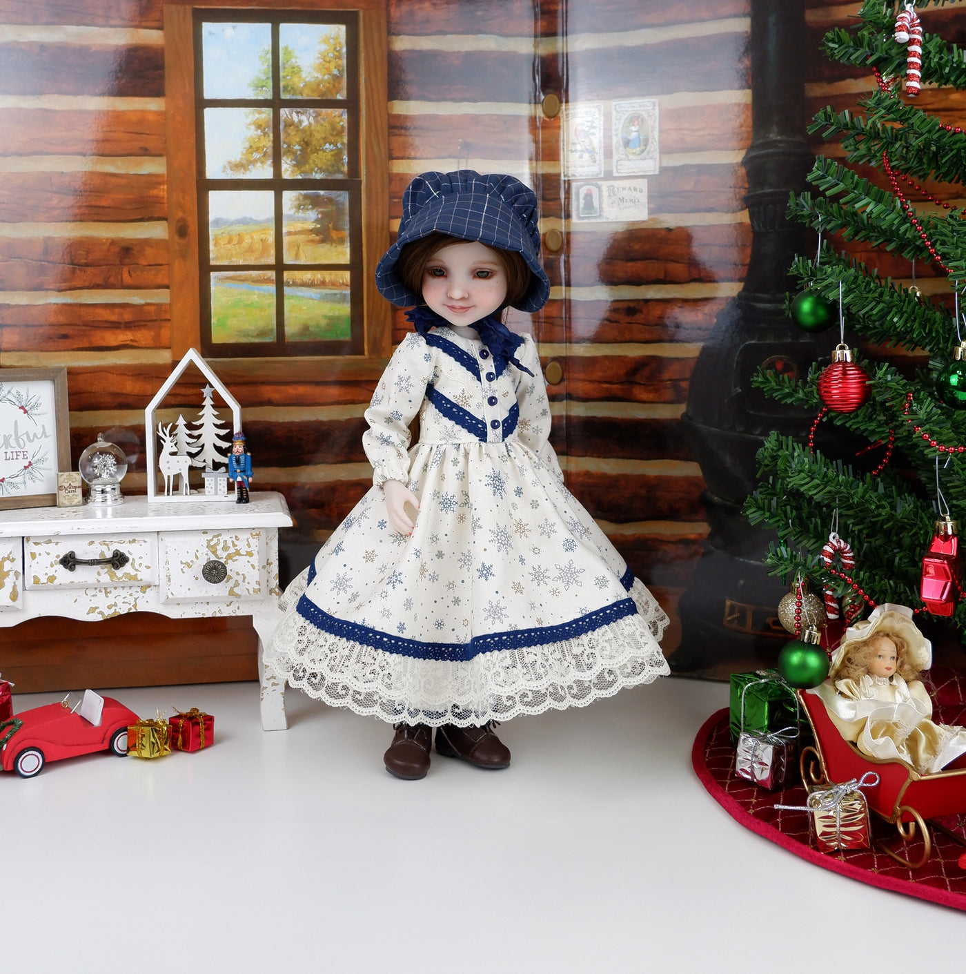 Prairie Snowflakes - dress & bonnet with boots for Ruby Red Fashion Friends doll
