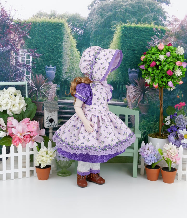 Prairie Sweet Pea - dress, bonnet & apron with boots for Ruby Red Fashion Friends doll