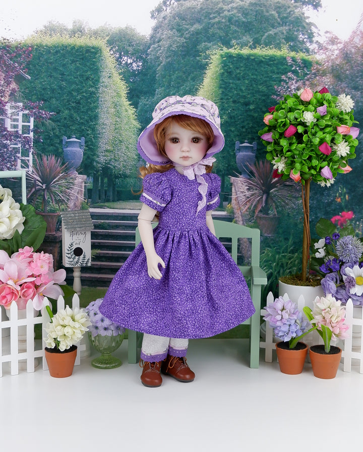Prairie Sweet Pea - dress, bonnet & apron with boots for Ruby Red Fashion Friends doll