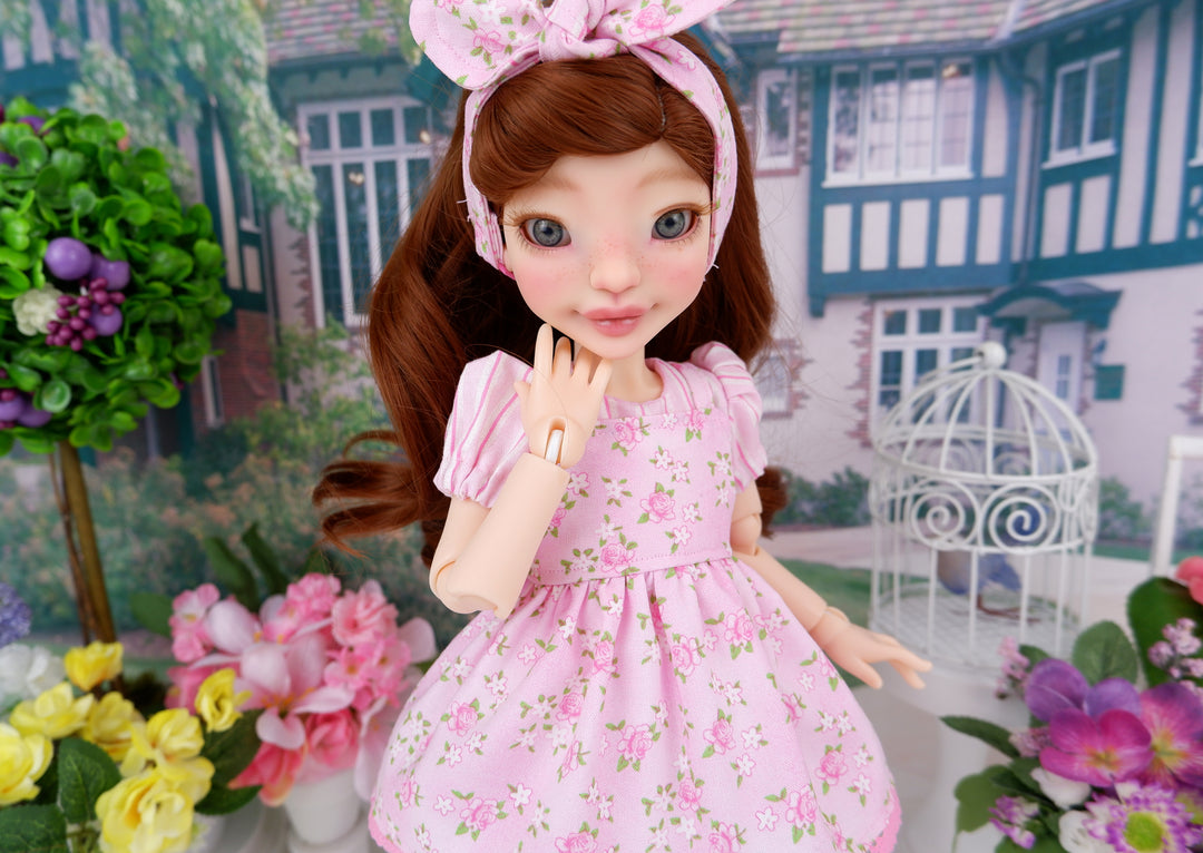 Pretty Pink Rose - romper and pinafore with boots for Ava doll