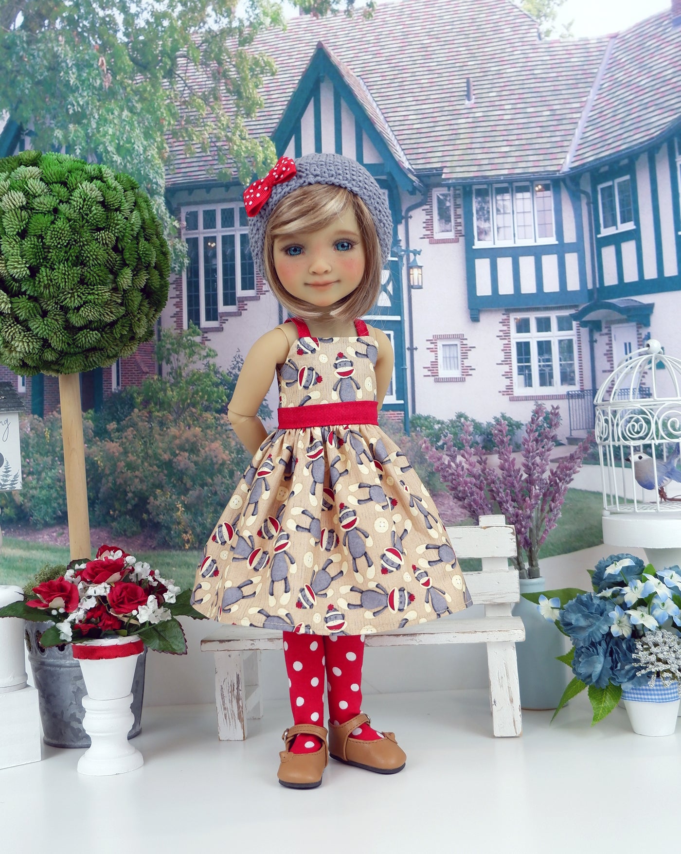 Sock Monkey - dress and sweater set with shoes for Ruby Red Fashion Friends doll