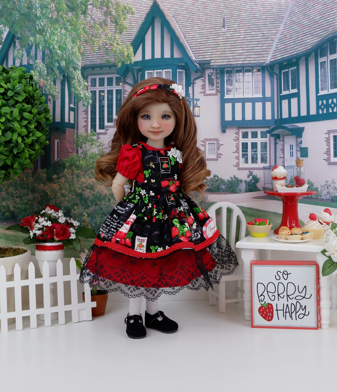 Strawberry Jam - dress & apron with shoes for Ruby Red Fashion Friends doll