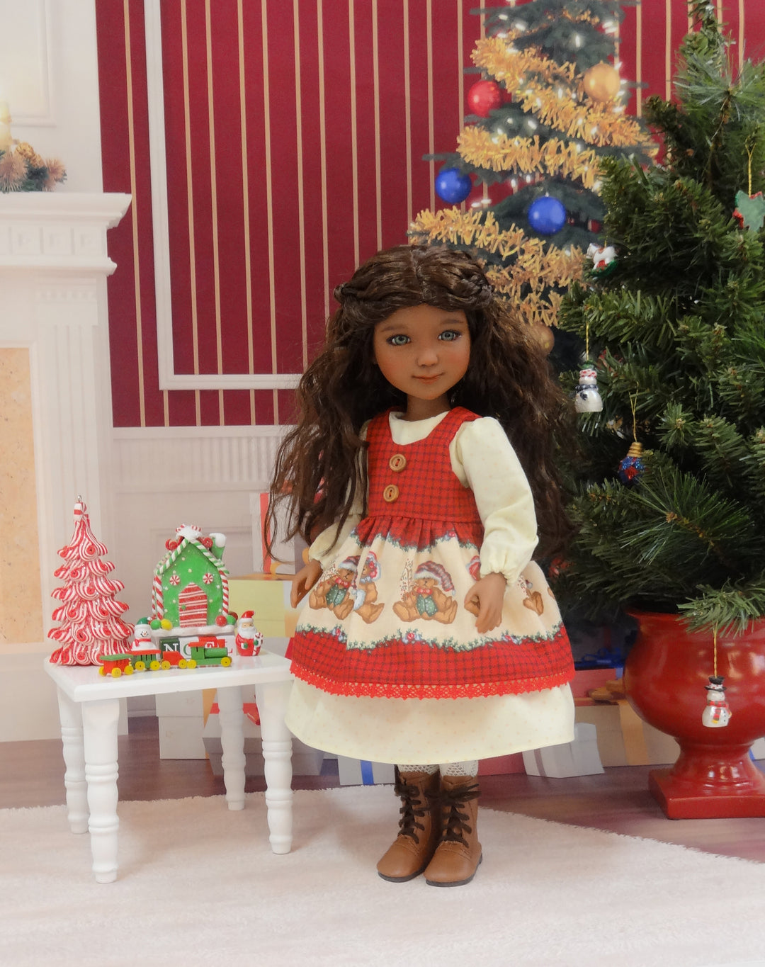 Teddy Bear Christmas - dress & pinafore for Ruby Red Fashion Friends doll