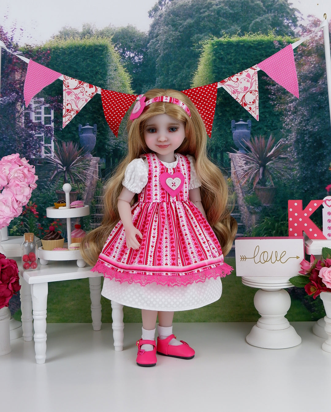 Valentine Heart - dress & pinafore with shoes for Ruby Red Fashion Friends doll