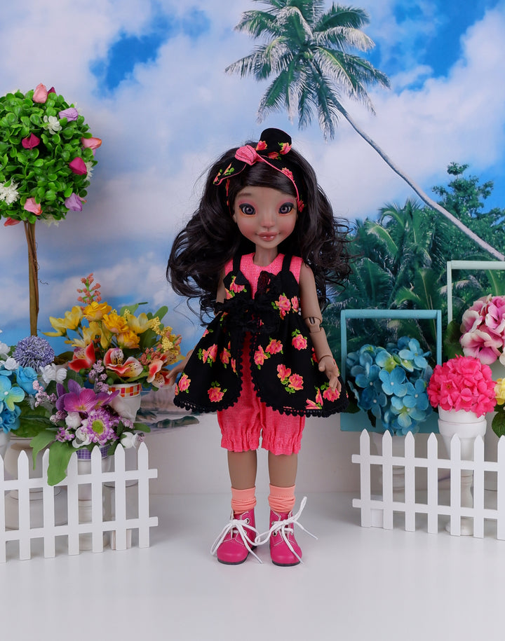Vibrant Rose - romper and pinafore with boots for Ava doll