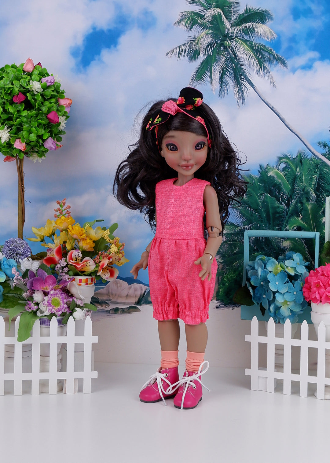 Vibrant Rose - romper and pinafore with boots for Ava doll