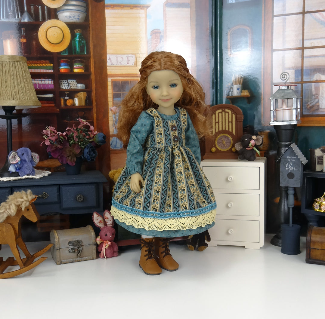 Village Mercantile - dress & pinafore with boots for Ruby Red Fashion Friends doll